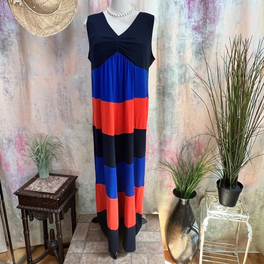 📌Enfocus  Block Stripes Sleeveless Plus Size Maxi Dress